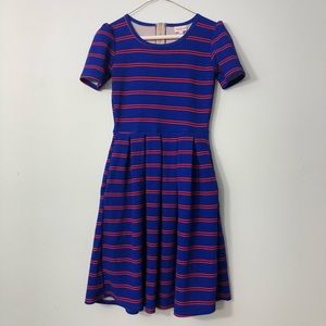 LuLaRose Amelia Dress Blue with Red Stripes  XS